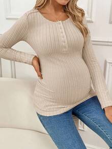 SHEIN Maternity Solid Color Button Half Placket Long Sleeve Casual Nursing Top - Khaki - View 5