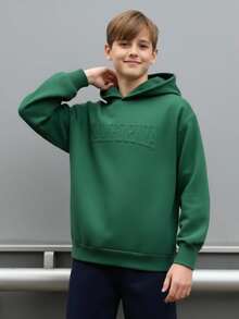 SHEIN Jersey con capucha verde informal para chicos adolescentes con texto en inglés en relieve, adecuado para otoño, invierno, calidez, universitario, ocio, uso diario, deporte, fiesta de cumpleaños, salida, todo a juego y diseño sencillo