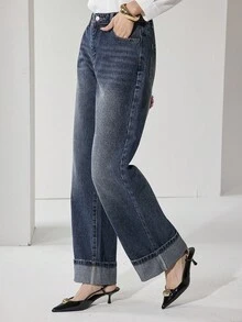 Heiryn 女士休闲时尚宽松简约卷边阔腿牛仔裤 - 深色水洗藍 - 查看 5