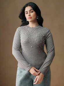 Anewsta Camiseta de manga larga ajustada con perlas elegantes, talla grande, otoño - Gris - Ver 7