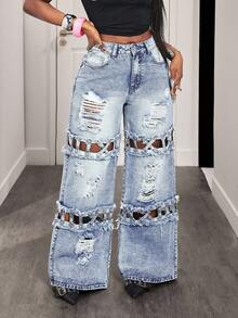 BamGleam 女式镂空口袋做旧宽腿宽松休闲牛仔裤 - 中等水洗藍 - 查看 7