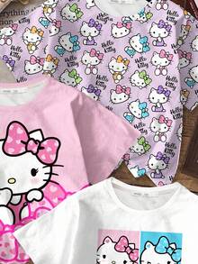 SHEIN Hello Kitty and Friends | Modeflare Wear 3pcs/Set Young Girls' Casual Basic Round Neck Short Sleeve T-Shirts, Suitable For Spring/Summer, Family Activities, Parties, Gatherings