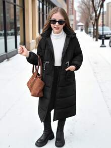 SHEIN 青少年女孩简约舒适百搭宽松纯色高领口袋抽绳腰部可调节连帽绗缝长款棉衣 - 黑色 - 查看 5