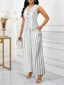 SHEIN Lady 蓝白条纹面料女士优雅无袖背心和裤子套装，商务通勤风格，夏季女士两件套服装女士两件套服装 - 白色 - 查看 4