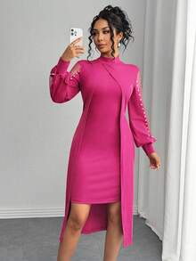 SHEIN Clasi Đầm Maxi Tay Dài Cổ Tròn Phối Lưới Trang Trí Bong Bóng Thanh Lịch Cho Nữ - Màu Hồng Tươi - Xem 4