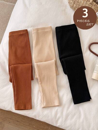 LMoss Kids Conjunto de 3 piezas de leggings casuales ajustados de unicolor para niña joven, estilos cómodos de otoño e invierno, estilos acogedores de otoño e invierno