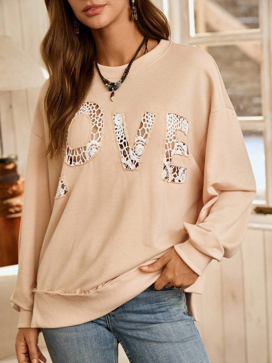 LanaWest Áo nỉ dáng rộng thêu ren phong cách Bohemian "LOVE" dành cho nữ, Thu/Đông - Màu Khaki - Xem 1