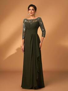 Serin Đầm chữ A sang trọng, thanh lịch với chất liệu chiffon, đính ren và sequin, tay áo voan mỏng, xếp ly bồng bềnh, thích hợp cho đám cưới, tiệc tùng, kỳ nghỉ, dạ hội, váy cho mẹ cô dâu, ngày Valentine. - xanh quân đội - Xem 8