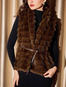 Vintamour Chaqueta de fiesta elegante y vintage de mujer con piel sintética, chaleco de piel sintética esponjoso con cuello ajustado para otoño/invierno