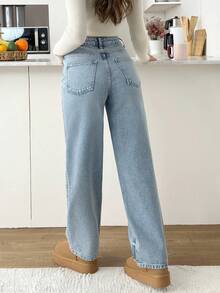EURMUSE Casual Button Pocket High Waist Blue Straight Jeans - Baby Blue - View 2