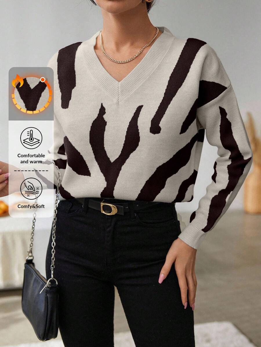 EURMUSE Casual Contrast Color Pattern Drop Shoulder Sweater, Autumn/Winter,Jumper,Cream Jumper,Jumpers For Women,Jumpers,Black Jumper,Womens Jumper,White Jumper,Women's Jumper,Women's Jumpers - Multicolor - View 1