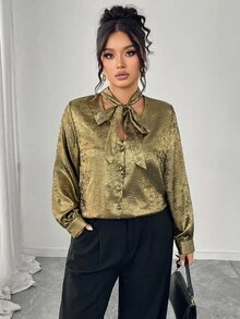 SHEIN Elenzya 大码女式梭织常规秋冬优雅金箔灯笼袖V领系带衬衫 - 金色 - 查看 6