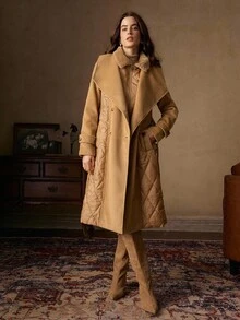 Anewsta 女士秋冬中长款翻领腰带收腰双排扣优质羊毛面料拼布菱形图案棉服大衣