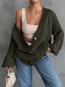 EURMUSE Women Cable Knit Detailed Long Cardigan - Army Green - View 2