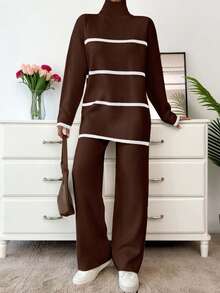 SHEIN Women Mock Neck Stripe Patter Sweater - Mocha Brown - View 2