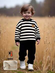 LMoss Kids 2 件套男婴条纹圆领运动衫和裤子套装，保暖内衬，加厚，秋冬 - 黑與白 - 查看 7