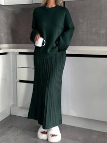 EURMUSE Casual Crew Neck Drop Shoulder Loose Oversize Fit Cozy Sweater & Maxi Pleated A Shape Skirt For Women Daily Smart Casual Knit Set For Women - Dark Green - View 4