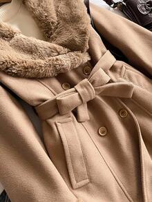 Tween Girls'Elegant Camel Winter Overcoat,Fluffy Patchwork Waist Tie Snug Fit Long Style,Luxurious Jacquard High-End Fashion Coat For Birthday,Outdoor - Khaki - View 3