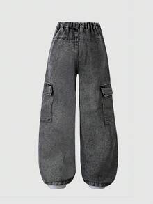 Tween Girl Y2K Minimalist Casual Black Washed Wide Leg Jeans, Comfortable, Large Pockets Design, Elegant Bow Embroidery Jeans, Fashion Must-Have For Girls, Versatile For Daily, Photo Shoot, Outing, Party, New Arrival For 2025 Autumn Fall Winter - Black - View 2