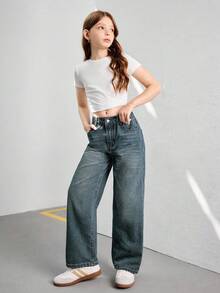 بنطلون جينز فضفاض عتيق بساق واسعة للفتيات المراهقات StreetCool، بنطلون جينز مستقيم الساق عادي - ازرق مخضر - مشاهدة 5