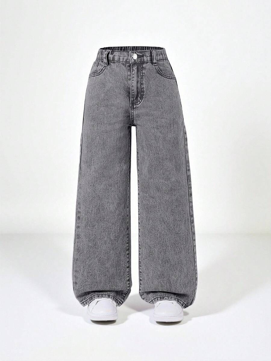 SHEIN Tween Girl Y2K Street Daily Elastic Waist  Straight Jeans With Flat Pockets, Girls Daily OOTD Outfits Summer Holiday - Grey - View 1