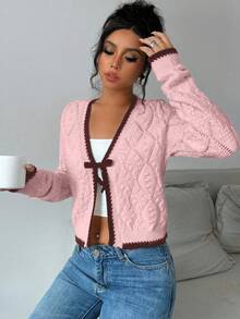 Selianne French Casual Versatile Diamond Textured Long Sleeve Pullover Cardigans For Women - Pink - View 6