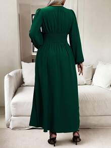 Vionelle Plus Size V-Neck Lantern Sleeve High Side Split Dress, For Christmas Maxi Women Outfit - Dark Green - View 2