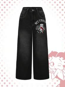 Betty Boop | ROMWE Quần jean ống đứng dáng rộng siêu dài Y2K thêu họa tiết thánh giá và hoa hồng Gothic màu bạc - màu đen - Xem 8