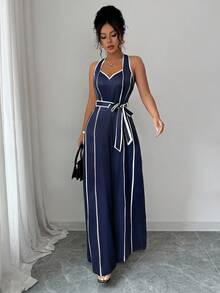 Elenzga 女装春夏新款法式条纹复古挂脖V领高端设计时尚全白撞色黑边数码印花拉链腰带聚拢阔腿长裤精致优雅职场女士教师休闲连体裤 - 藏蓝色 - 查看 4