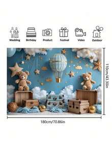 1 件旅行主题生日派对背景横幅，5*3 英尺/5*7 英尺，天蓝色带白云热气球盒设计，涤纶材质，适用于泳池派对、生日派对装饰、肖像摄影背景，无羽毛，自制厨房派对用品 - 彩色 - 查看 7