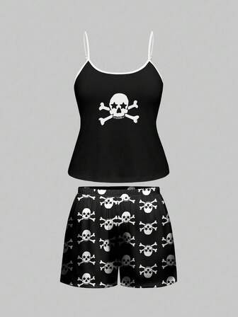 Plus Size Gothic Star & Skull Print Contrast Color Sleeveless Shorts Pajama Set, Comfortable Casual Loungewear