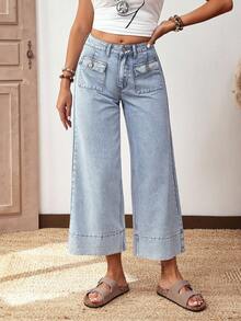 EMERY ROSE Quần denim ống rộng kẻ sọc dài 9/10 dành cho nữ, có túi - Rửa nhẹ - Xem 5