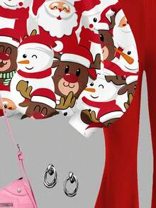 SHEIN Leap Crew 2pcs Cute Cartoon Reindeer & Santa Claus Tween Girls Knit Crew Neck Loose Sweatshirt And Flare Pants Casual Outfit Set, Suitable For Autumn Daily Wear, Street Style, And Home - Multicolor - View 6