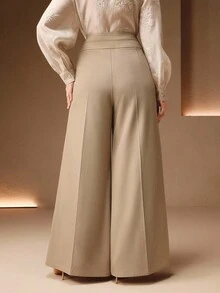 Anewsta Quần ống loe dài màu kaki cạp cao hai lớp thanh lịch, có túi thắt lưng dành cho nữ, Xuân/Thu - Màu Khaki - Xem 2