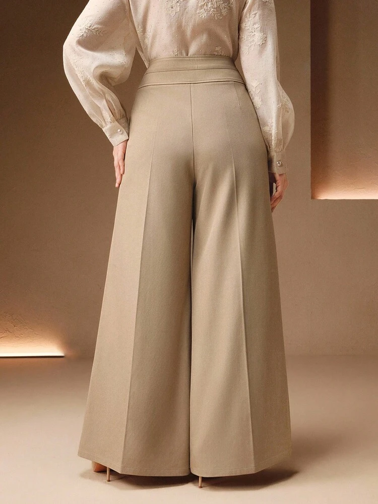 Elegant High-Waisted Double-Layer Waist Belt Pocket Khaki Women's Long Flared Pants, Spring/Autumn