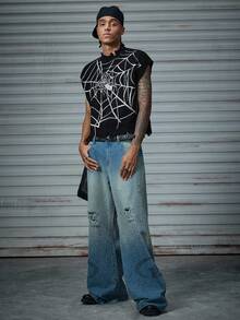 AXEPEAK Men's Autumn/Winter Casual Spider Web Pattern Distressed Knit Vest - Black - View 5