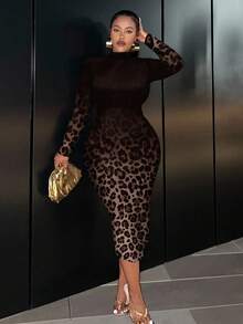 Slaydiva Đầm Maxi Ôm Body Tay Dài Họa Tiết Da Báo Ombre Tối Giản Thường Ngày, Phù Hợp Cho Mùa Xuân & Thu, Size Lớn - Nhiều màu - Xem 3
