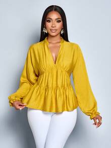 SOLERSUN Vêtements pour femmes automne/hiver, décontractés pour tous les jours, élégants pour le travail, en tissu tissé, manches longues, poignets élastiques, volants froncés, col bateau, col en V, froncé déchiré, ourlet ample, hauts et chemises