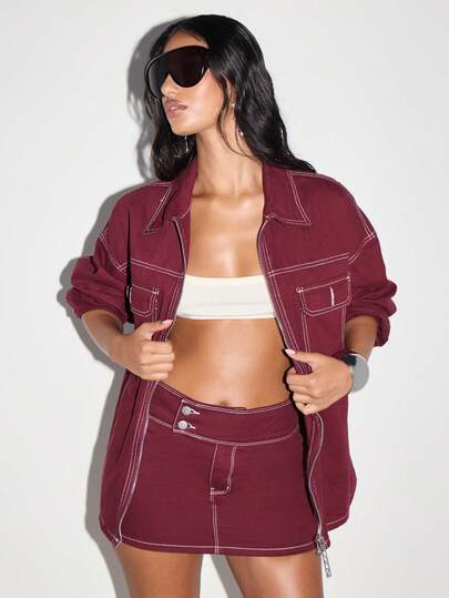 KIZN 女式超大牛仔夹克，白色撞色缝线，勃艮第酒红色，秋冬街头风棉质时尚 Y2K 学院风休闲外套