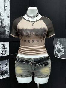 Sunspun Plus Size Women's Sexy Summer Street Digital Letter Print Colorblock High Stretch Short Sleeve T-Shirt