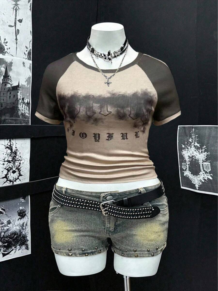 Sunspun Plus Size Women's Sexy Summer Street Digital Letter Print Colorblock High Stretch Short Sleeve T-Shirt