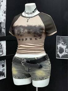 Sunspun Plus Size Women's Sexy Summer Street Digital Letter Print Colorblock High Stretch Short Sleeve T-Shirt