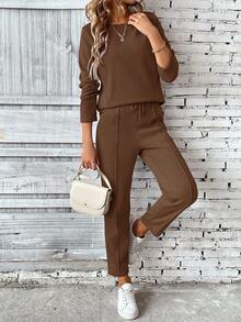 SHEIN PETITE 2 件套女式长袖运动衫和裤子套装，套头衫和松紧腰裤，带抽绳 - 棕色 - 查看 3