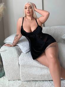 SHEIN Bộ 2 váy ren và nhung gợi cảm cỡ lớn kèm quần lọt khe - màu đen - Xem 6