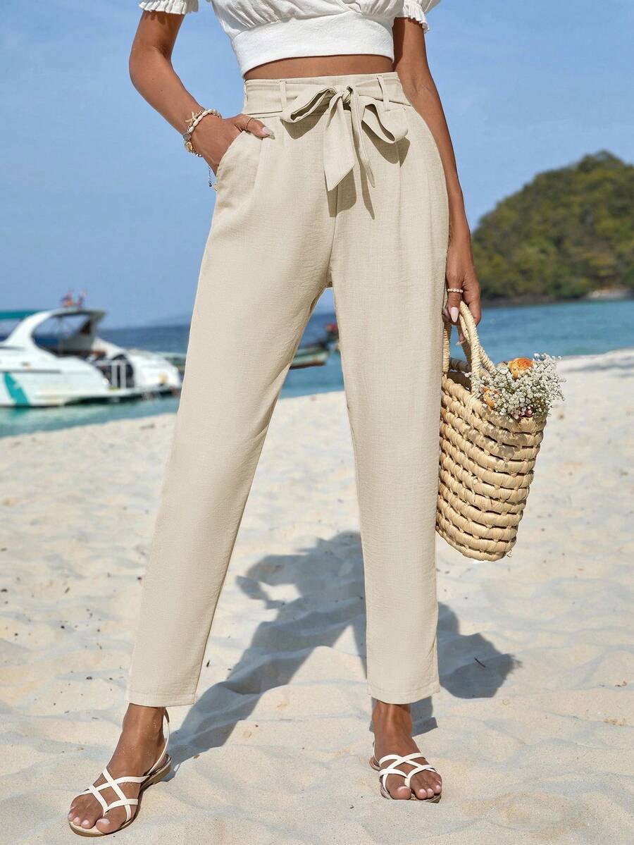 EURMUSE Solid Belted Tapered Trousers - Apricot - View 1