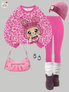 SHEIN Happikins 2 Stücke/Set Mädchen Lässig Süß Lustiges Cartoon Muster, Süßes Rosa Leoparden Muster, Rundhals Langarm Sweatshirt und Leggings Set, Geeignet für Herbst/Winter Herbst Mädchen Leggings Set Rosa Mädchen Outfit Sweatshirt Set für Mädchen - Verschiedenfarbig - Übersicht 2