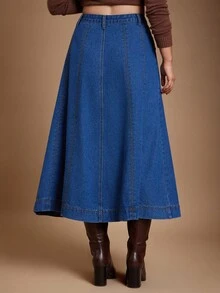 WESTFADE High Waist Western Seamed Cotton Blend Denim A Line Midi Skirt Fall, Autumn, Winter - Medium Wash - View 2