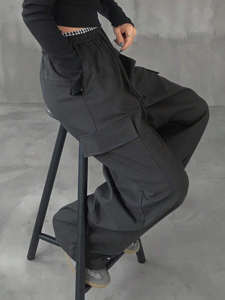 FRIFUL 女式腰部格纹拼布直筒工装运动裤女式慢跑裤 - 藏蓝色 - 查看 1