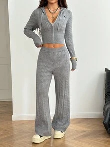 StreetHx Set de 2 piezas: Sudadera con capucha de ajuste ceñido con cremallera y bordado de caballo, y pantalones anchos de pierna acanalada, en estilo casual de uso diario, nuevo para otoño/invierno, en color gris. - Gris - Ver 5