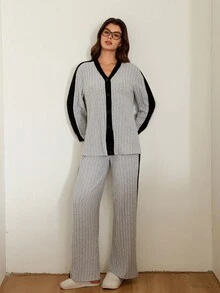 SHEIN Doze Lane 2件套女士休闲格子纽扣前襟撞色包边长袖上衣和裤子睡衣套装家居服女士针织睡衣套装，舒适保暖，秋冬服装 - 淺灰色 - 查看 6